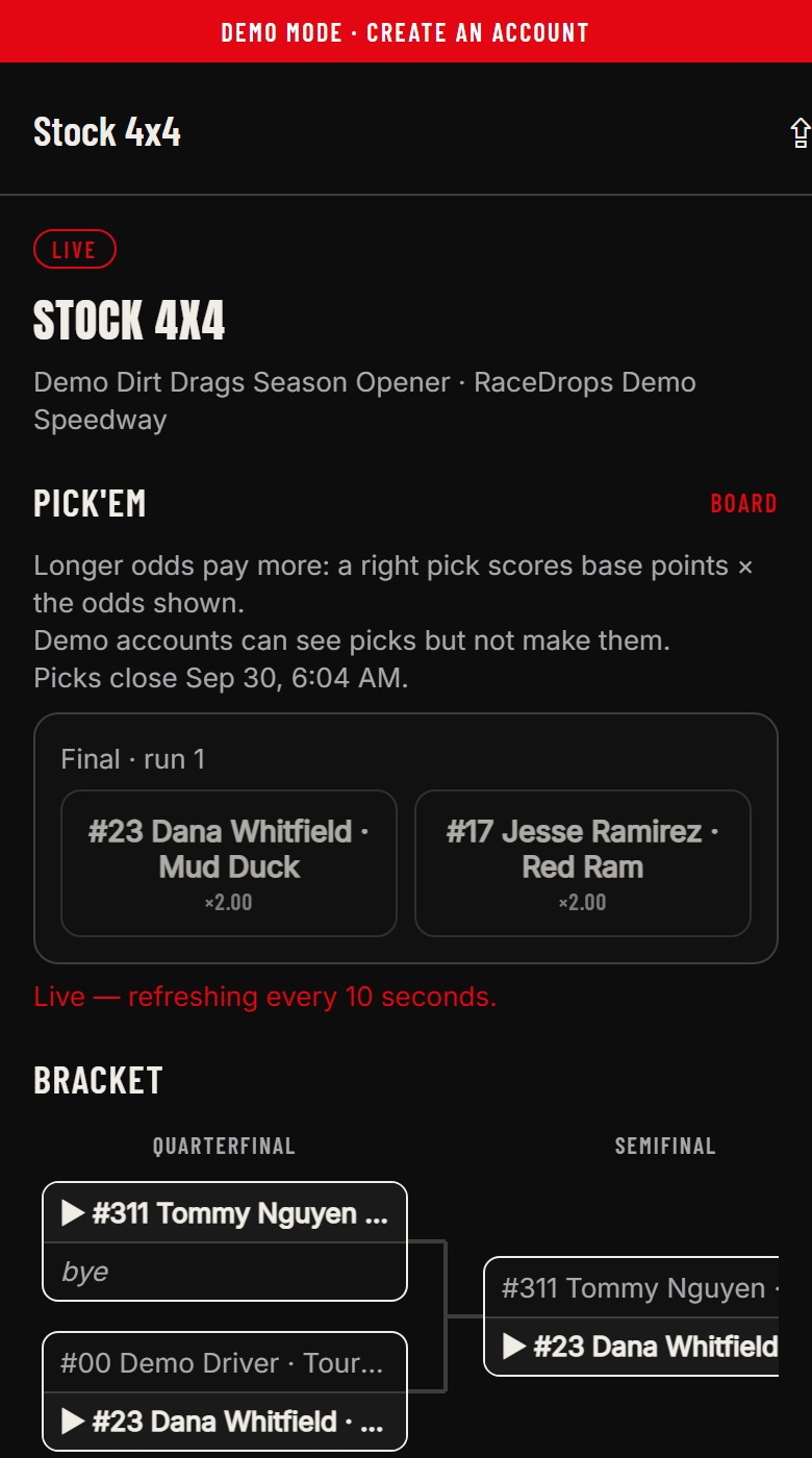 A live bracket in the RaceDrops fan app