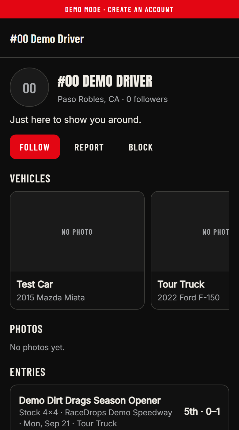 A public driver page in the RaceDrops app with a results history and vehicle gallery
