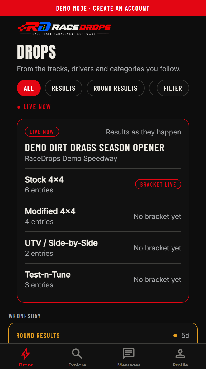 The RaceDrops fan app's Drops feed with round results and a lane call