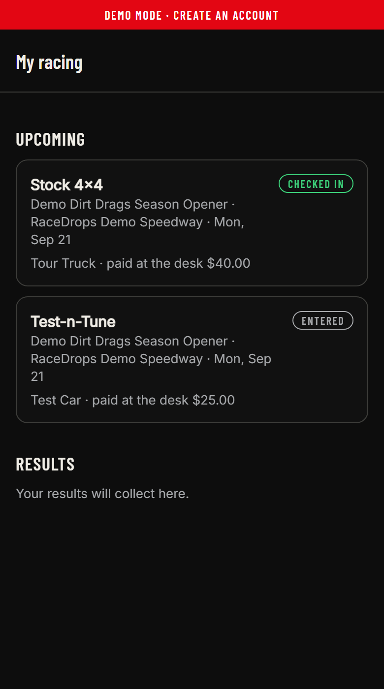 The My racing screen in the RaceDrops app: an entry with paid, checked-in status and the next run