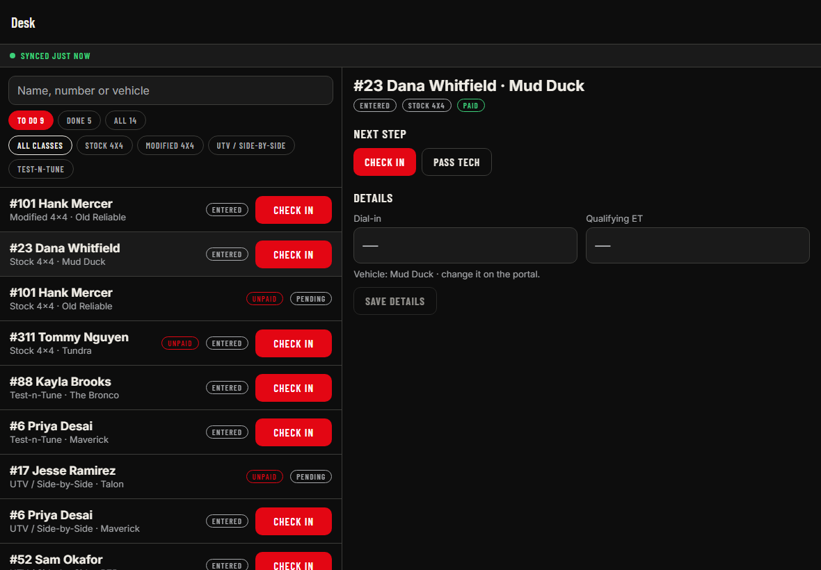 The line app's check-in desk: the to-do list by class on the left, one racer's details on the right