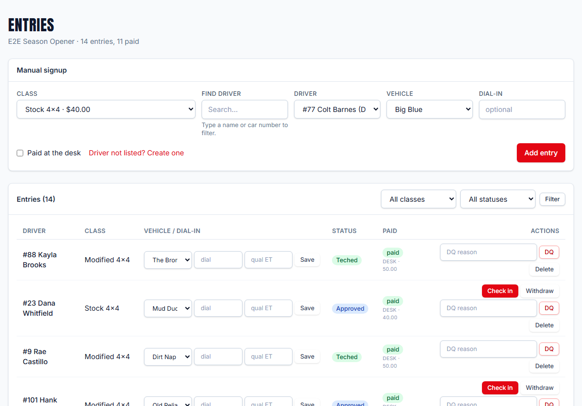 The track portal's entries page: racers by class with check-in, tech and paid status